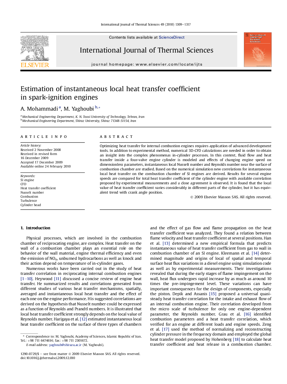 Estimation of instantaneous local heat transfer coefficient in spark-ignition engines