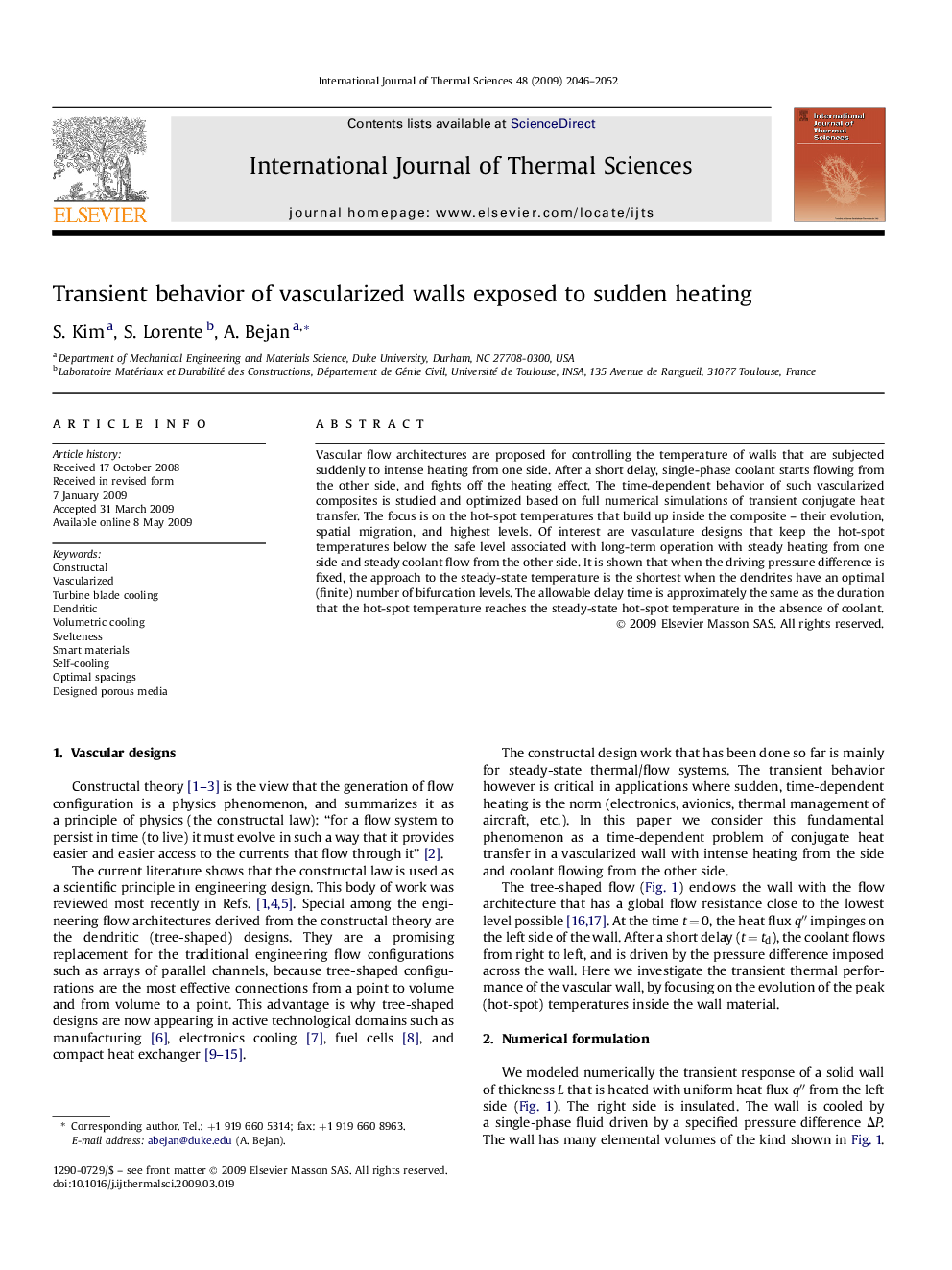 Transient behavior of vascularized walls exposed to sudden heating