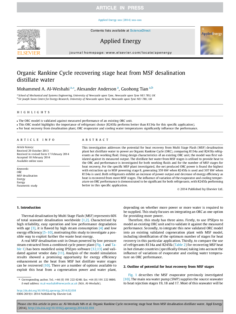 Organic Rankine Cycle recovering stage heat from MSF desalination distillate water