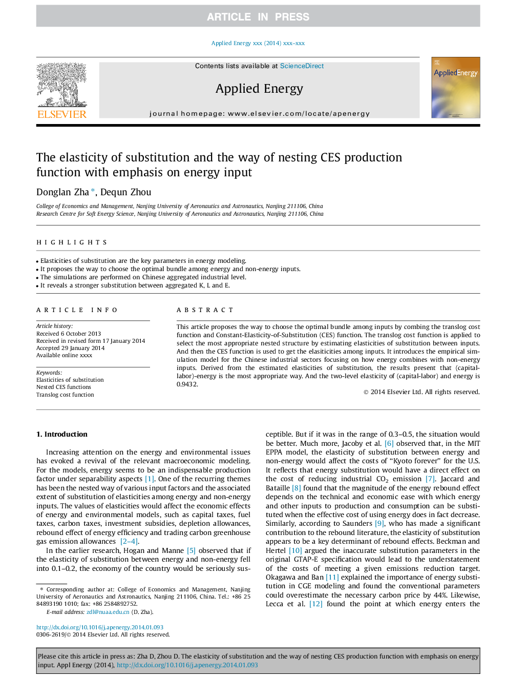 The elasticity of substitution and the way of nesting CES production function with emphasis on energy input