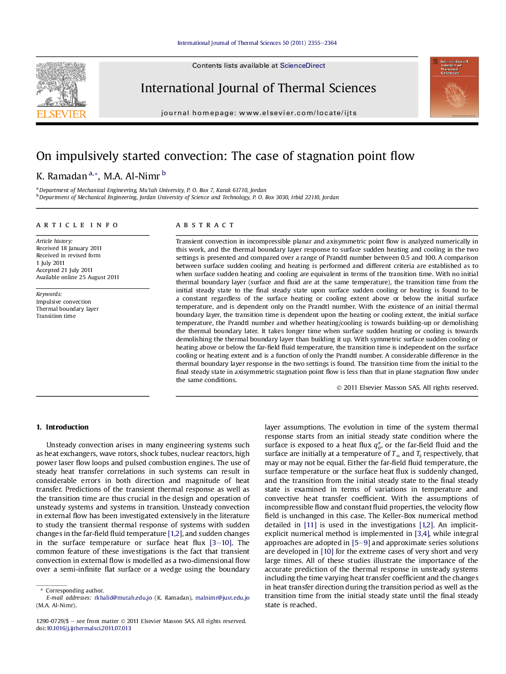 عکس صفحه اول مقاله: On impulsively started convection: The case of stagnation point flow On impulsively started convection: The case of stagnation point flow