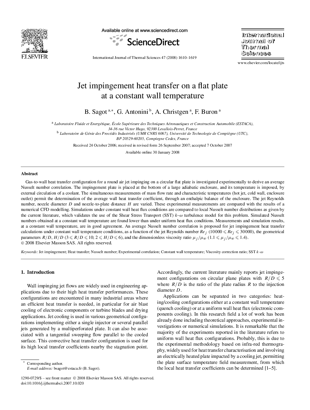 Jet impingement heat transfer on a flat plate at a constant wall temperature