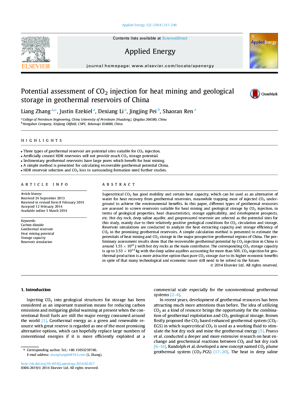 Potential assessment of CO2 injection for heat mining and geological storage in geothermal reservoirs of China