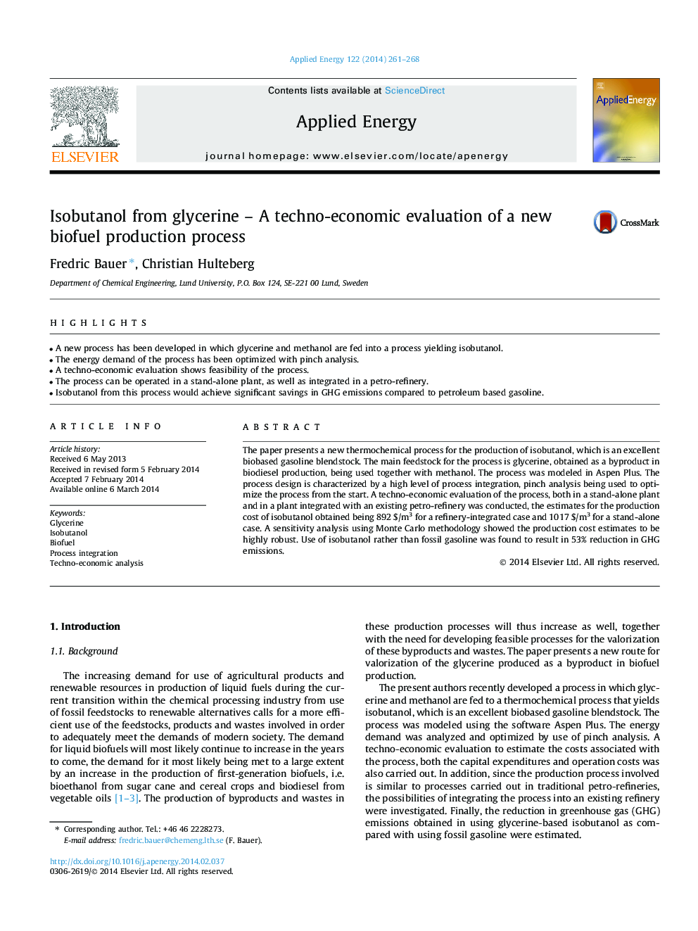 Isobutanol from glycerine - A techno-economic evaluation of a new biofuel production process