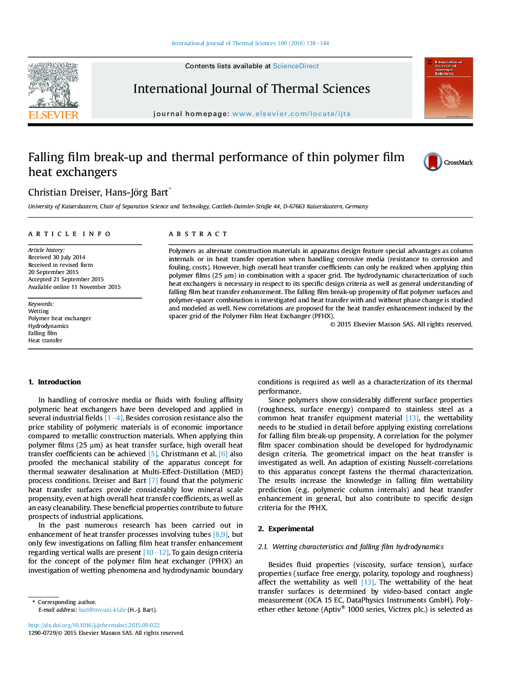 Falling film break-up and thermal performance of thin polymer film heat exchangers