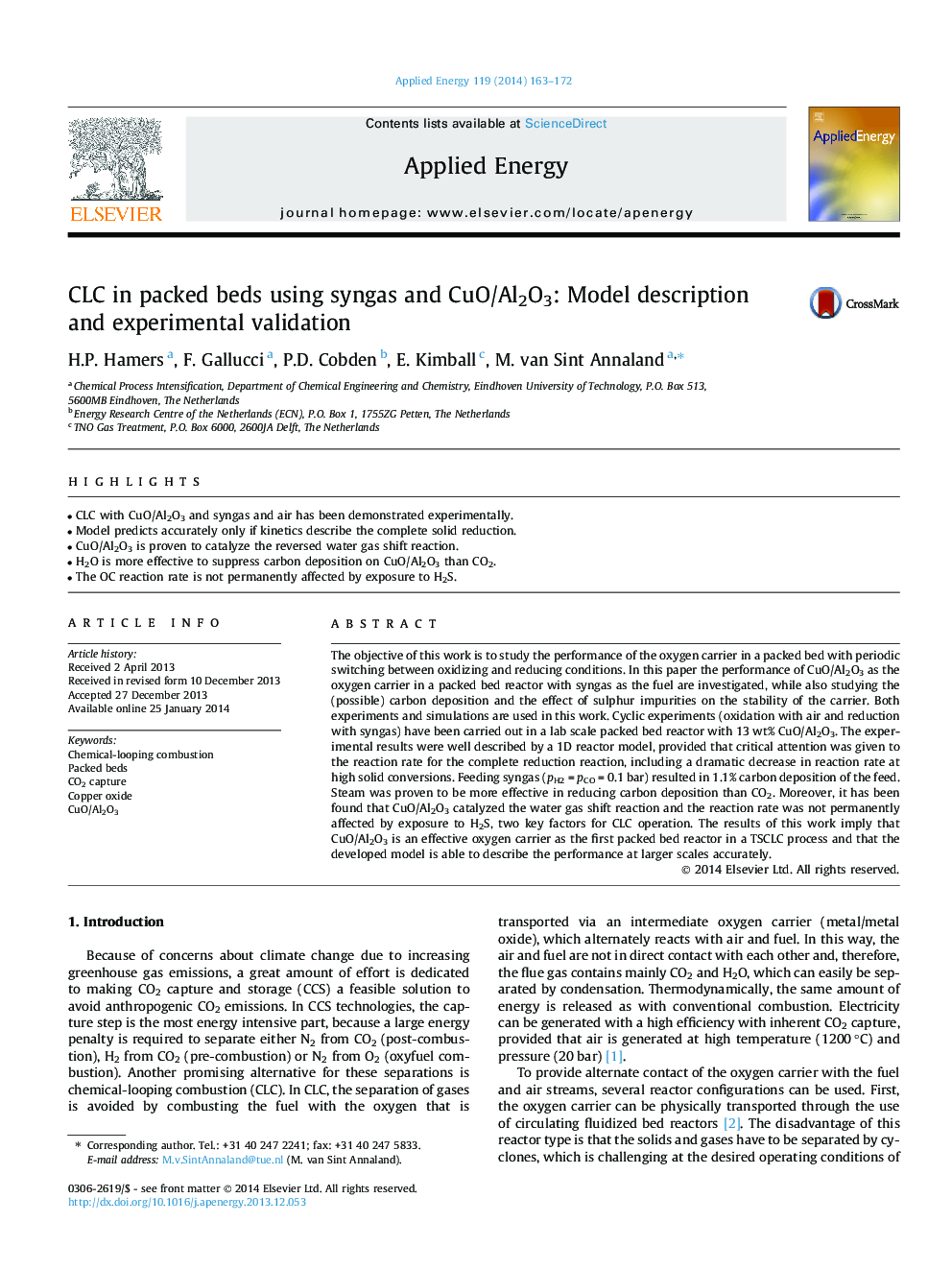 CLC in packed beds using syngas and CuO/Al2O3: Model description and experimental validation