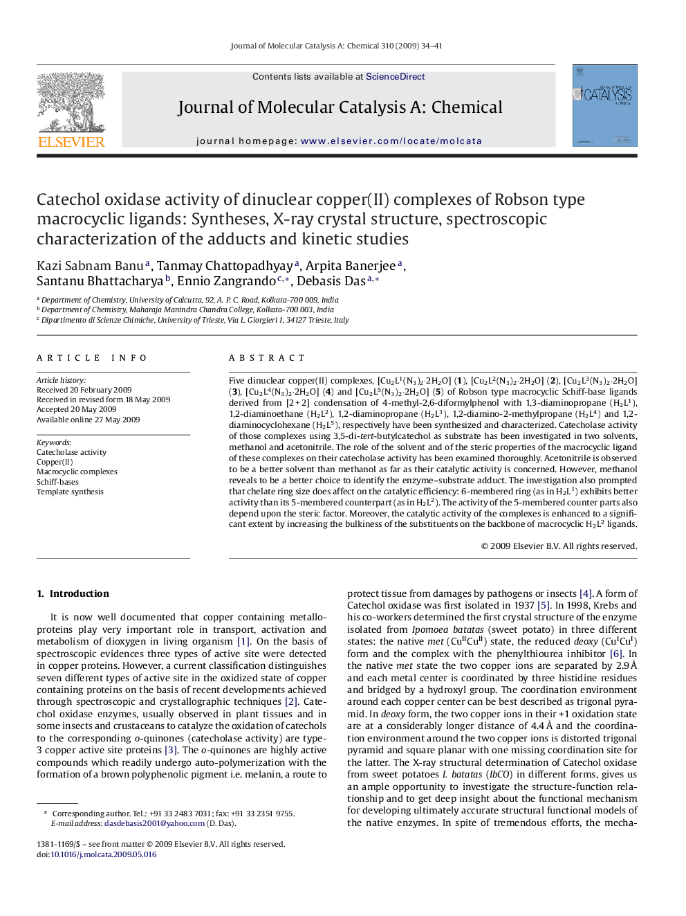 Catechol oxidase activity of dinuclear copper(II) complexes of Robson type macrocyclic ligands: Syntheses, X-ray crystal structure, spectroscopic characterization of the adducts and kinetic studies