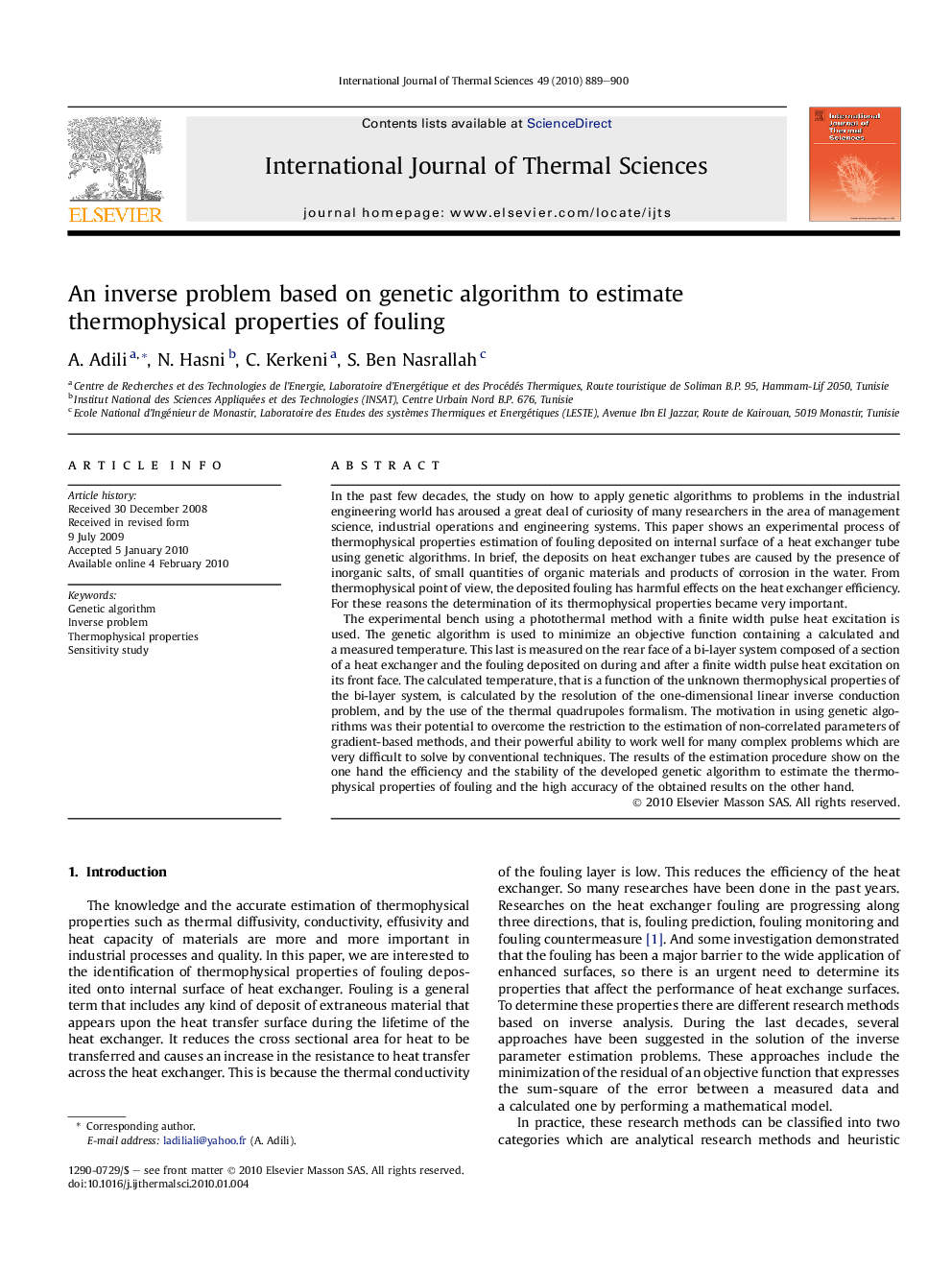 عکس صفحه اول مقاله: An inverse problem based on genetic algorithm to estimate thermophysical properties of fouling An inverse problem based on genetic algorithm to estimate thermophysical properties of fouling