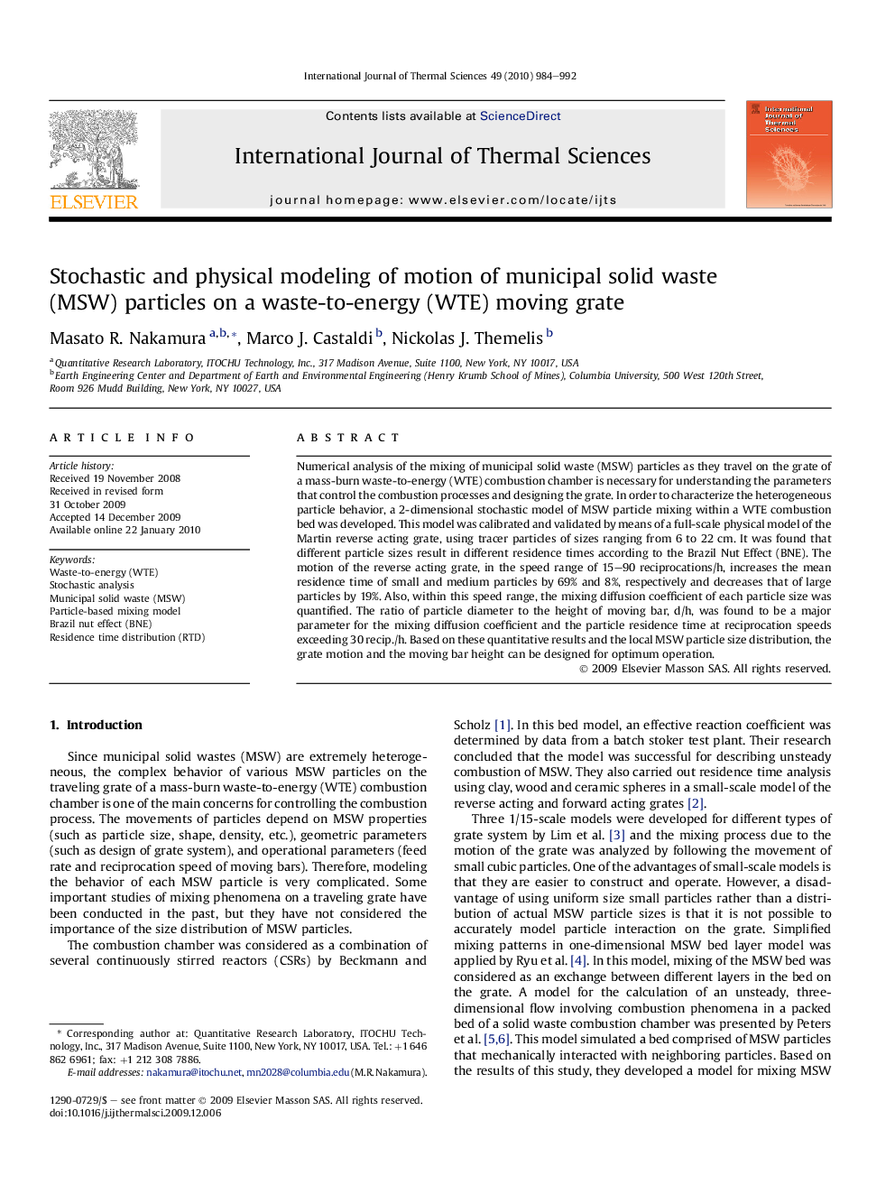 عکس صفحه اول مقاله: Stochastic and physical modeling of motion of municipal solid waste (MSW) particles on a waste-to-energy (WTE) moving grate Stochastic and physical modeling of motion of municipal solid waste (MSW) particles on a waste-to-energy (WTE) moving grate