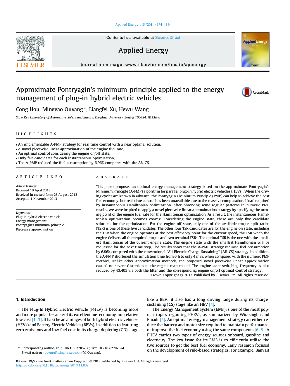 Approximate Pontryagin's minimum principle applied to the energy management of plug-in hybrid electric vehicles