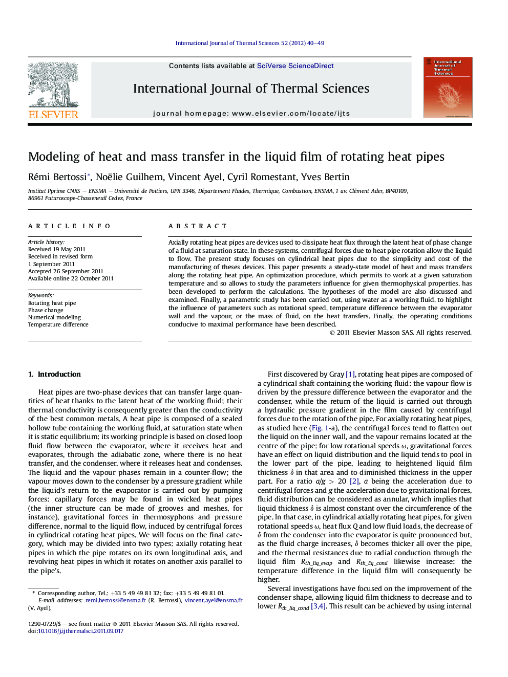 Modeling of heat and mass transfer in the liquid film of rotating heat pipes