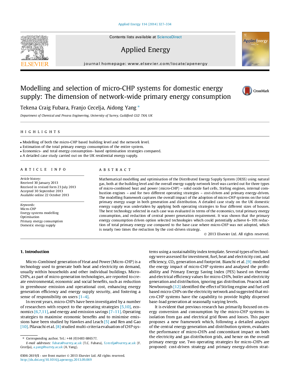 عکس صفحه اول مقاله: Modelling and selection of micro-CHP systems for domestic energy supply: The dimension of network-wide primary energy consumption Modelling and selection of micro-CHP systems for domestic energy supply: The dimension of network-wide primary energy consumption