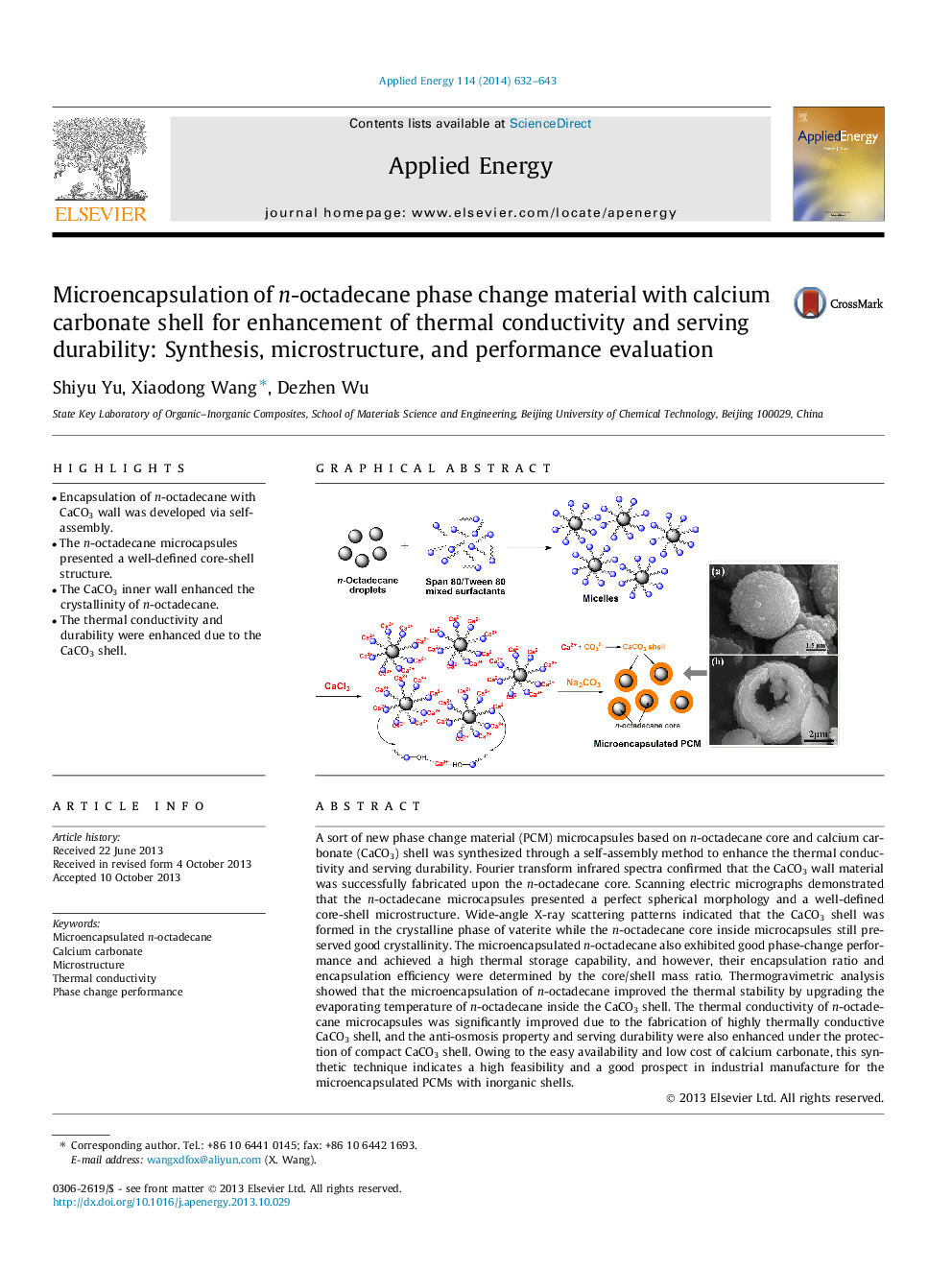 عکس صفحه اول مقاله: Microencapsulation of n-octadecane phase change material with calcium carbonate shell for enhancement of thermal conductivity and serving durability: Synthesis, microstructure, and performance evaluation Microencapsulation of n-octadecane phase change material with calcium carbonate shell for enhancement of thermal conductivity and serving durability: Synthesis, microstructure, and performance evaluation