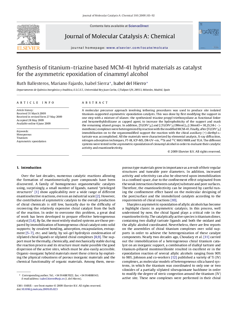 Synthesis of titanium–triazine based MCM-41 hybrid materials as catalyst for the asymmetric epoxidation of cinammyl alcohol