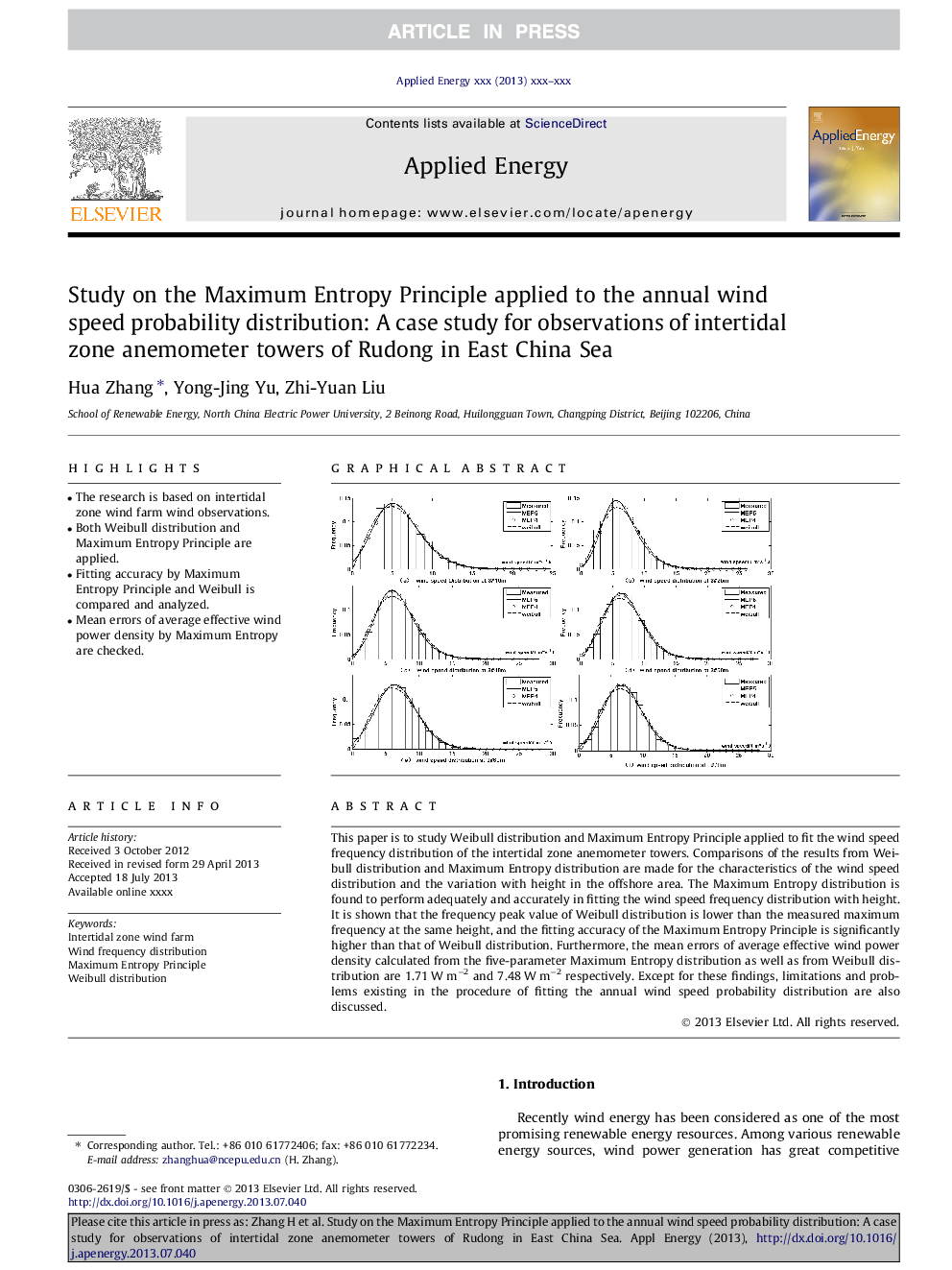 Study on the Maximum Entropy Principle applied to the annual wind speed probability distribution: A case study for observations of intertidal zone anemometer towers of Rudong in East China Sea