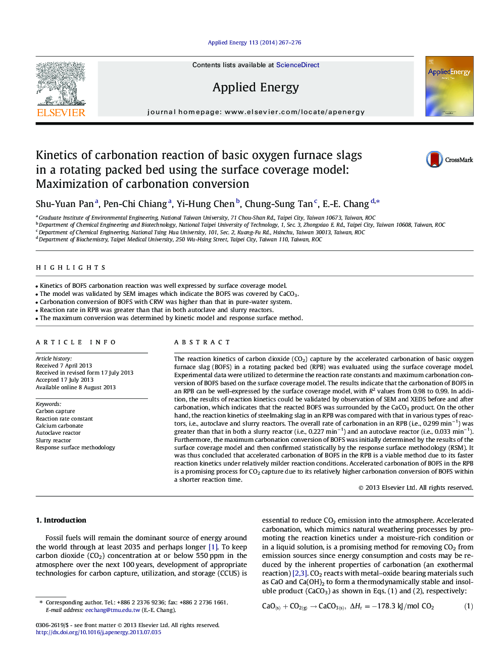 Kinetics of carbonation reaction of basic oxygen furnace slags in a rotating packed bed using the surface coverage model: Maximization of carbonation conversion