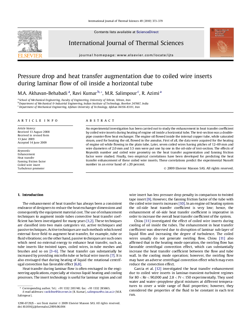 Pressure drop and heat transfer augmentation due to coiled wire inserts during laminar flow of oil inside a horizontal tube