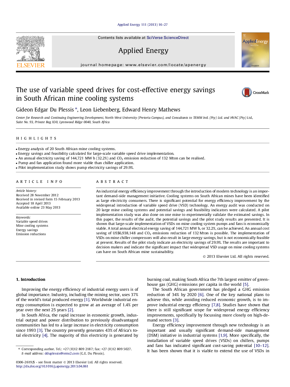 The use of variable speed drives for cost-effective energy savings in South African mine cooling systems