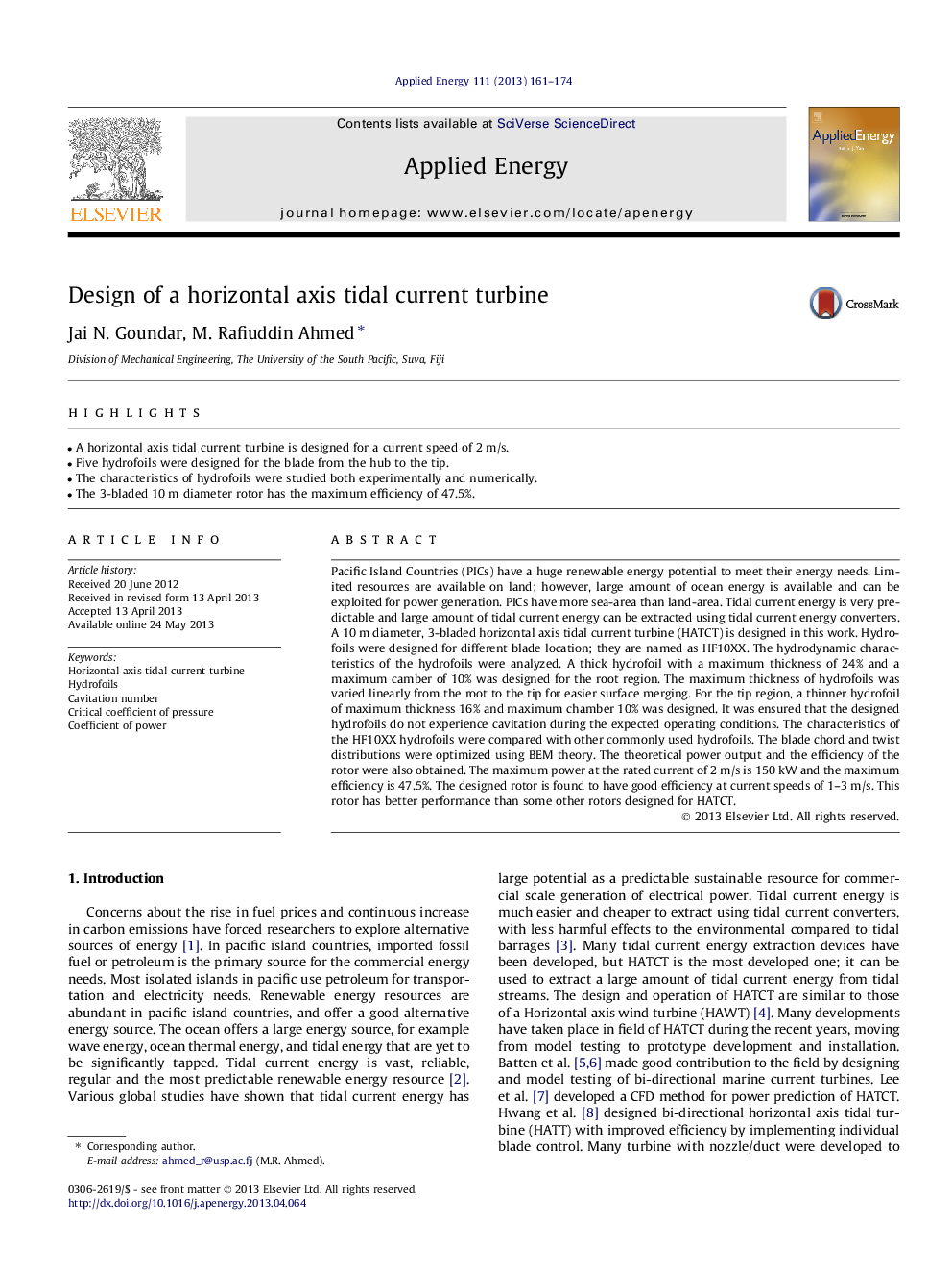 Design of a horizontal axis tidal current turbine