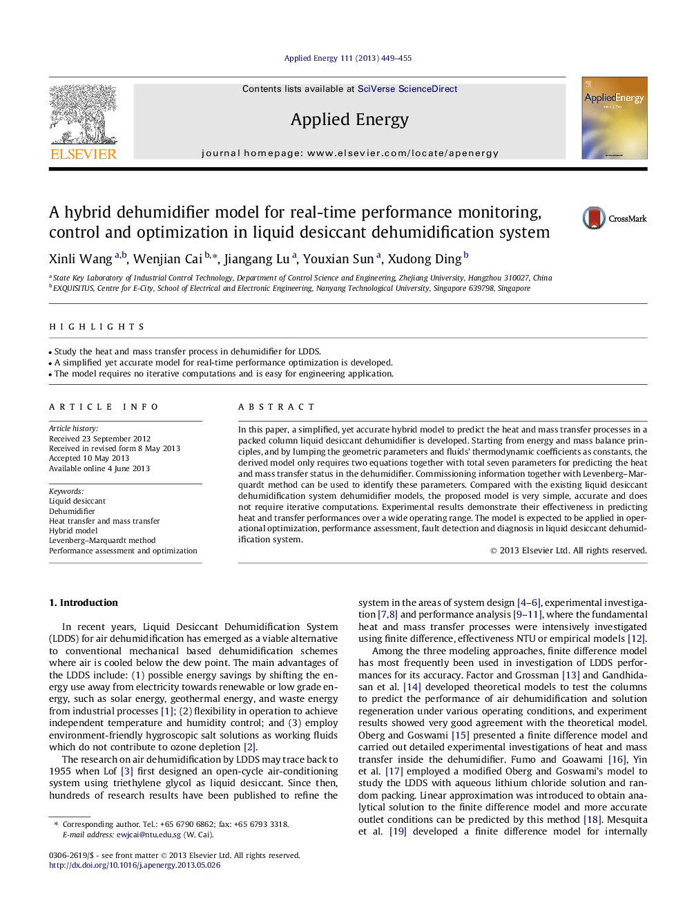 A hybrid dehumidifier model for real-time performance monitoring, control and optimization in liquid desiccant dehumidification system