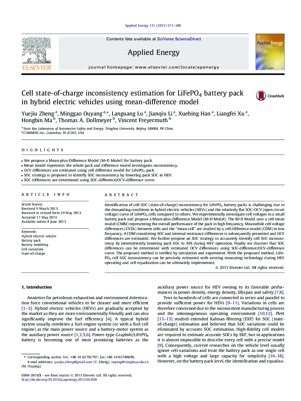 Cell state-of-charge inconsistency estimation for LiFePO4 battery pack in hybrid electric vehicles using mean-difference model