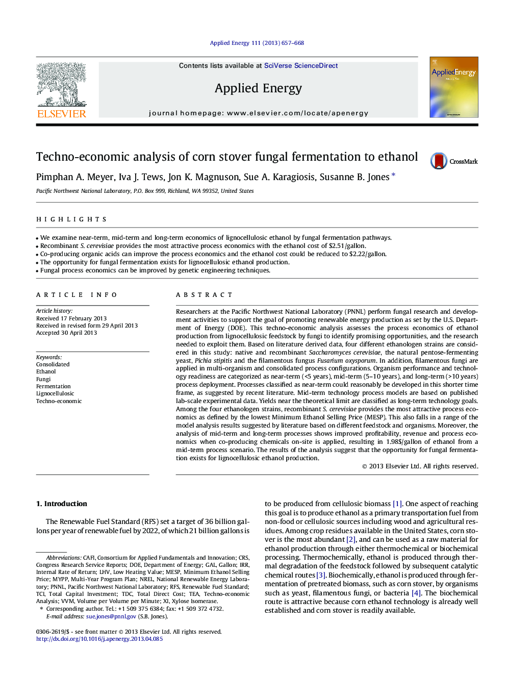 Techno-economic analysis of corn stover fungal fermentation to ethanol