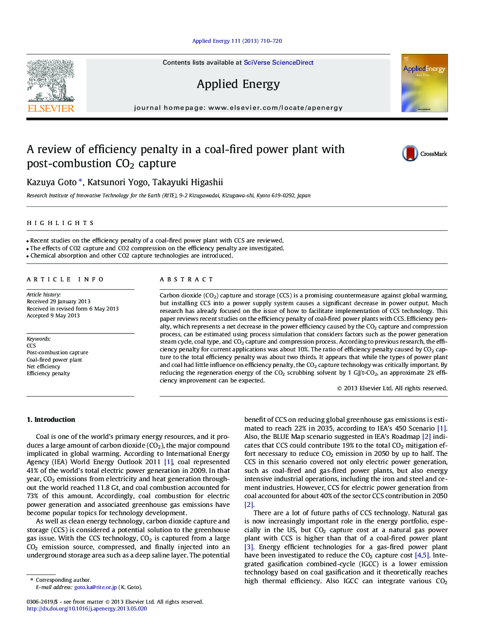 A review of efficiency penalty in a coal-fired power plant with post-combustion CO2 capture