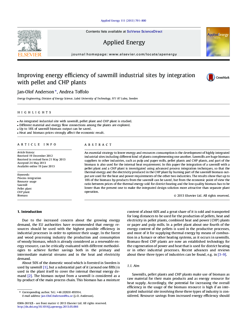 Improving energy efficiency of sawmill industrial sites by integration with pellet and CHP plants