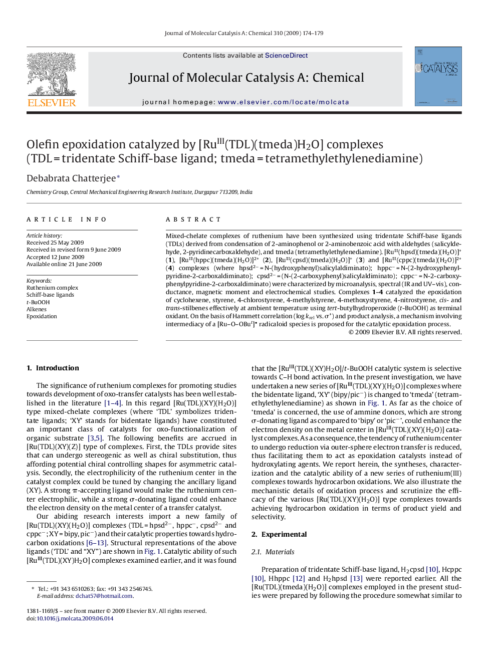 Olefin epoxidation catalyzed by [RuIII(TDL)(tmeda)H2O] complexes (TDL = tridentate Schiff-base ligand; tmeda = tetramethylethylenediamine)