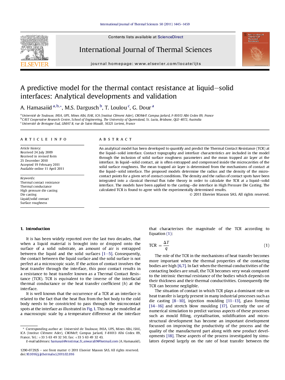 A predictive model for the thermal contact resistance at liquid–solid interfaces: Analytical developments and validation