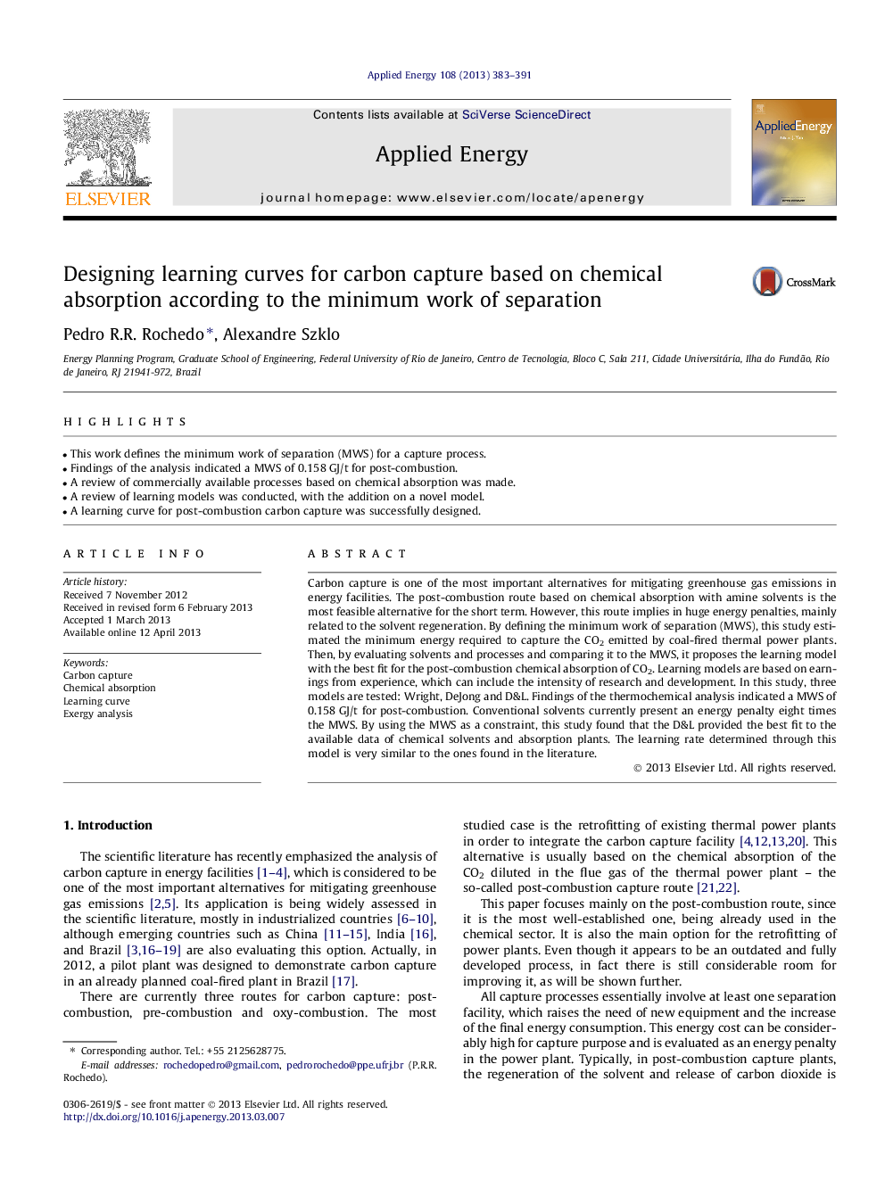 Designing learning curves for carbon capture based on chemical absorption according to the minimum work of separation