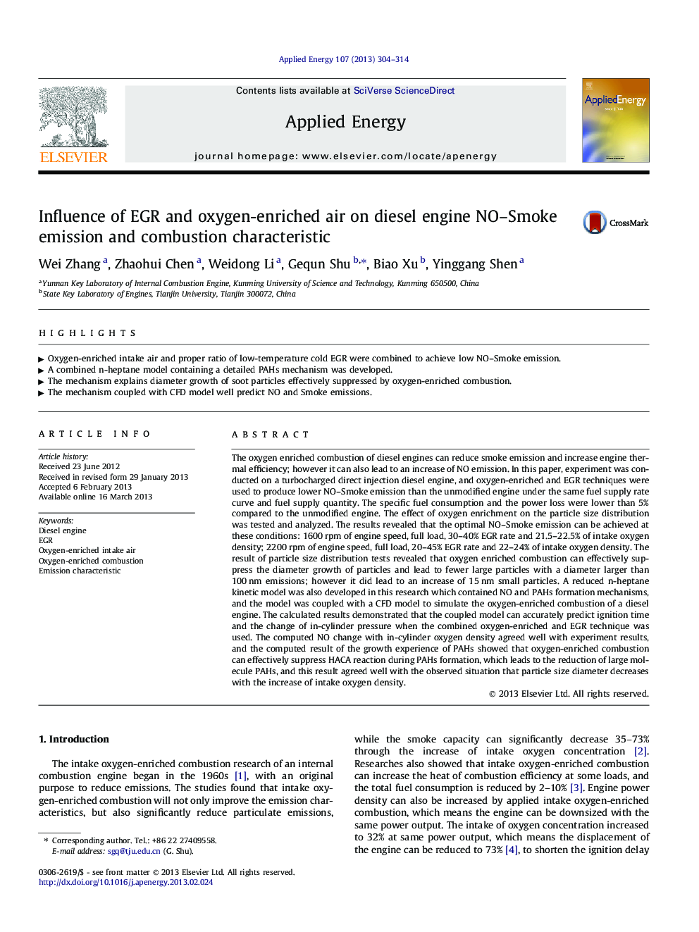 Influence of EGR and oxygen-enriched air on diesel engine NO-Smoke emission and combustion characteristic