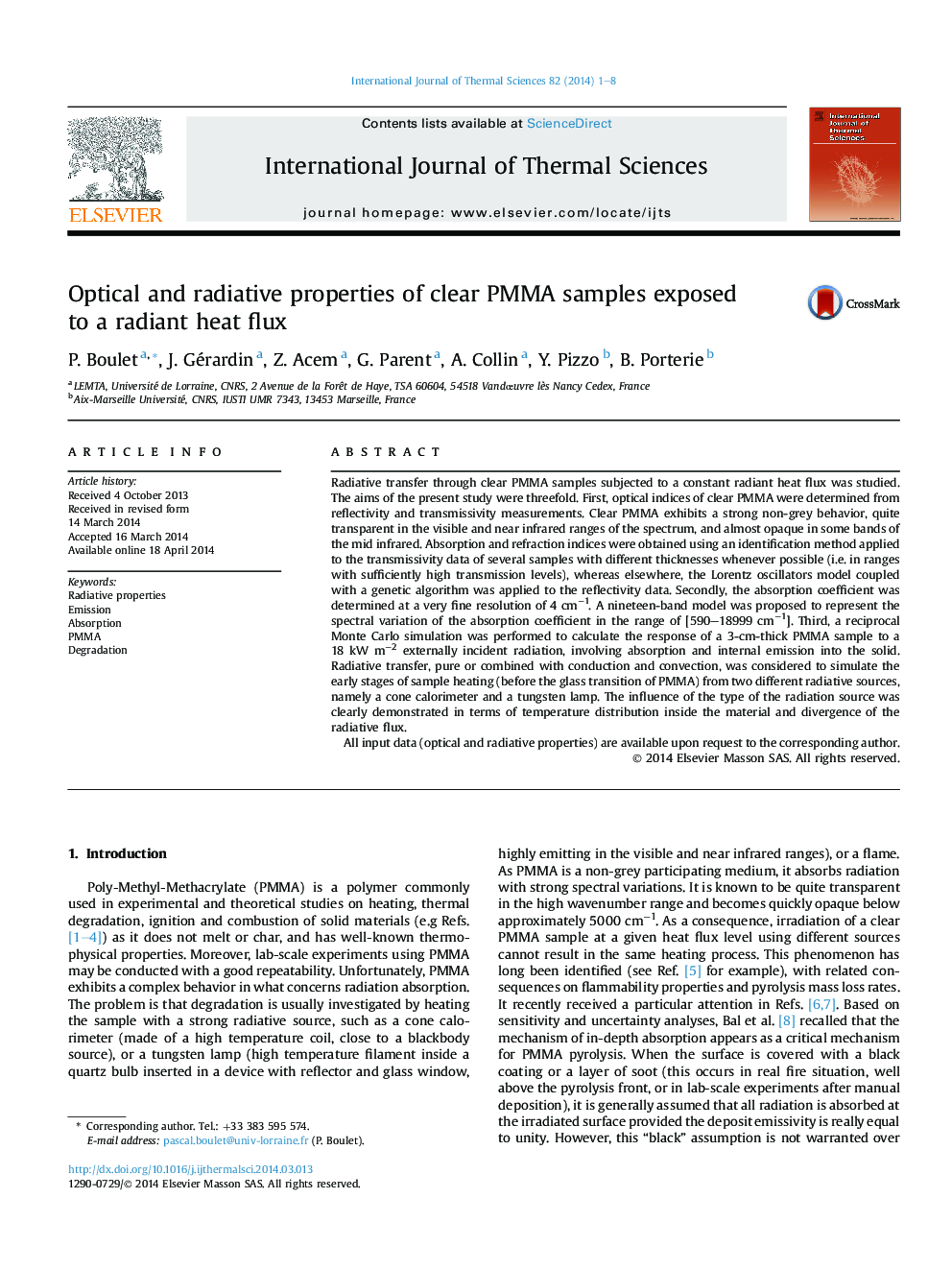 Optical and radiative properties of clear PMMA samples exposed to a radiant heat flux