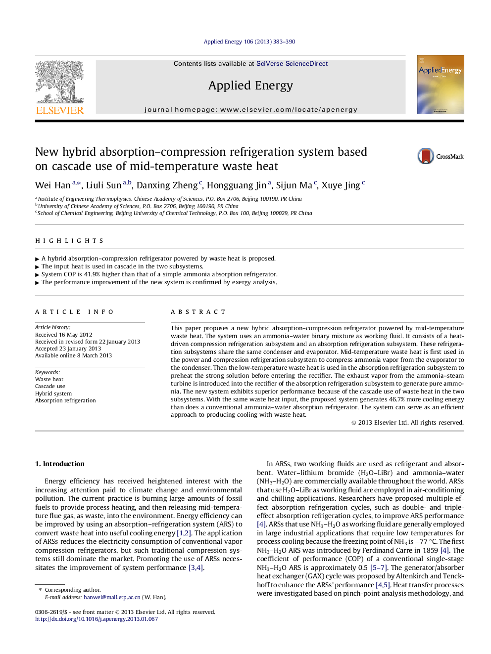 New hybrid absorption-compression refrigeration system based on cascade use of mid-temperature waste heat