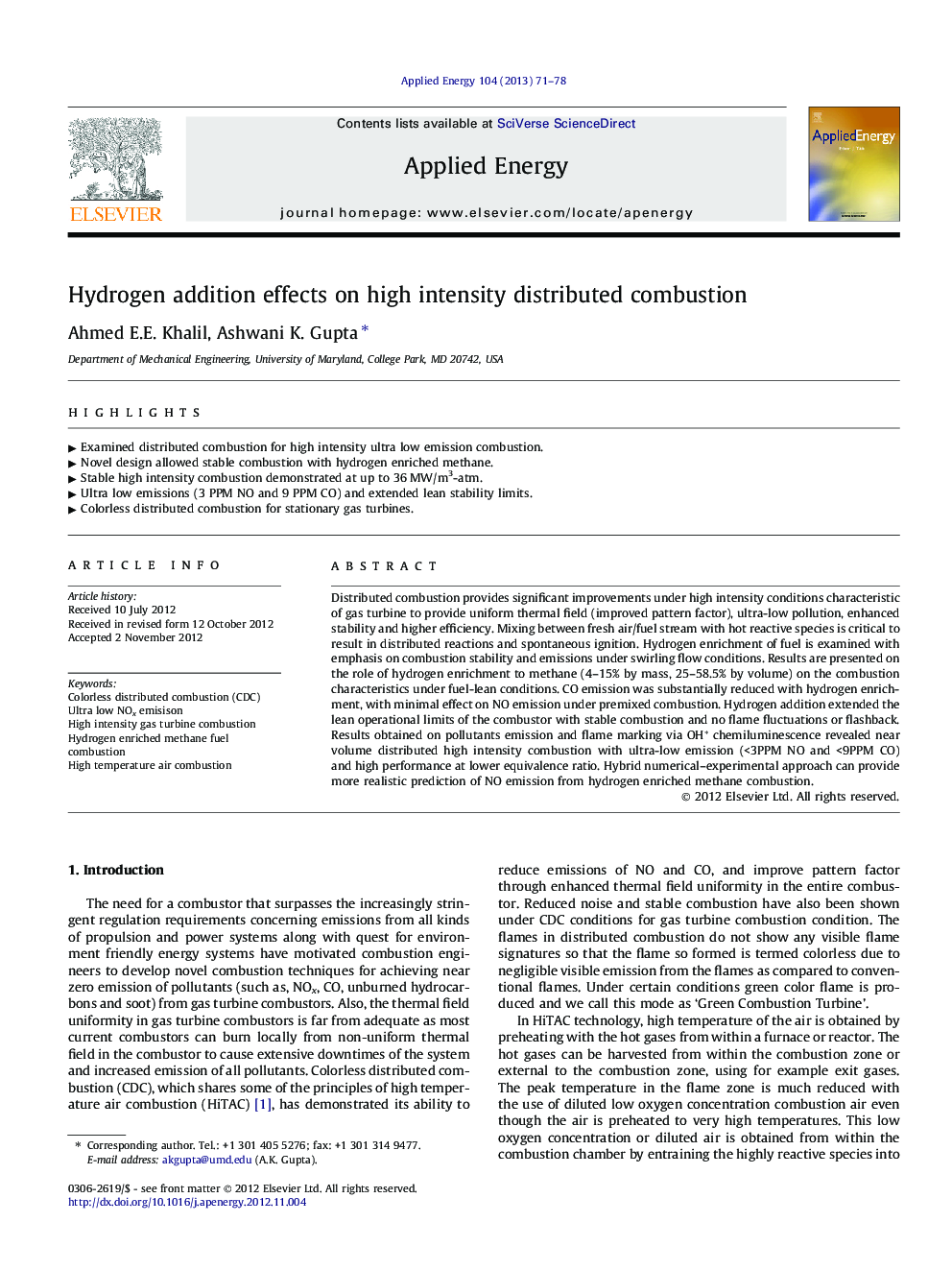 Hydrogen addition effects on high intensity distributed combustion