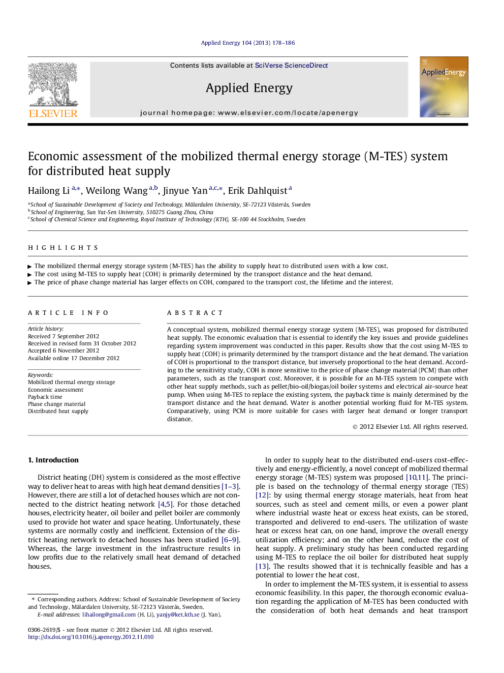 Economic assessment of the mobilized thermal energy storage (M-TES) system for distributed heat supply