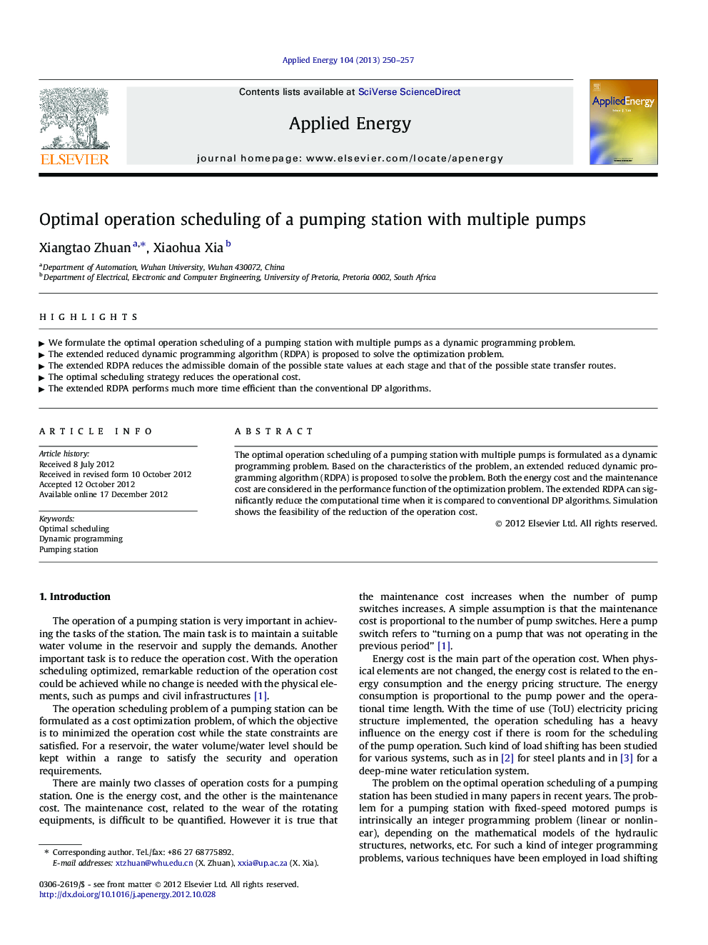 Optimal operation scheduling of a pumping station with multiple pumps