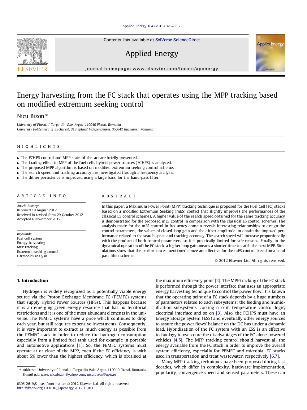 Energy harvesting from the FC stack that operates using the MPP tracking based on modified extremum seeking control