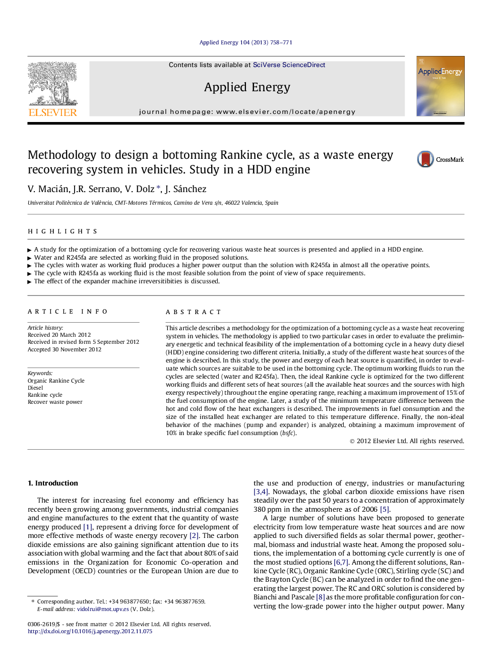 Methodology to design a bottoming Rankine cycle, as a waste energy recovering system in vehicles. Study in a HDD engine