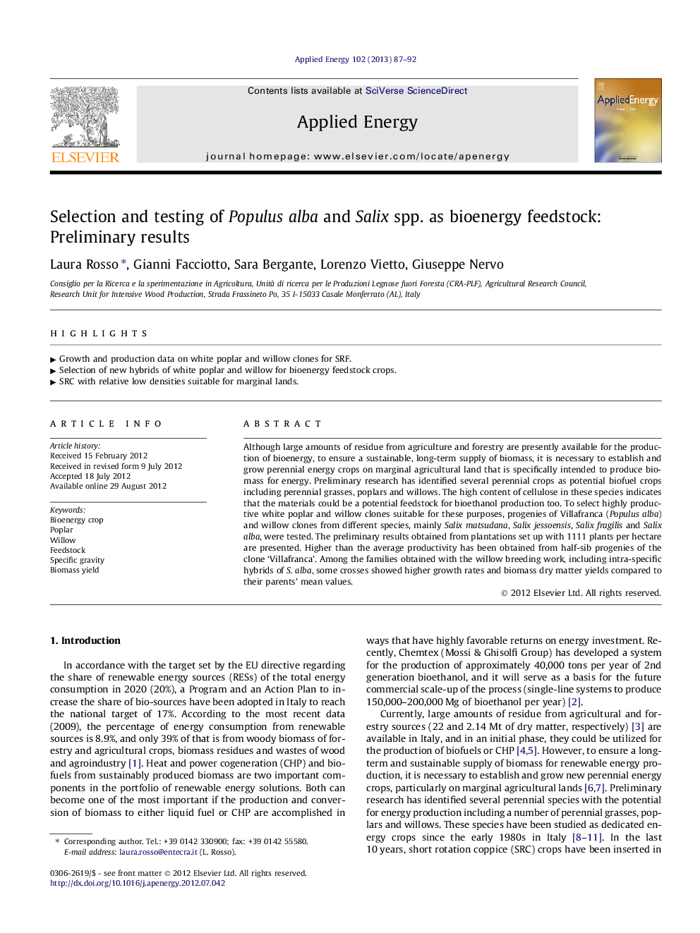 Selection and testing of Populus alba and Salix spp. as bioenergy feedstock: Preliminary results