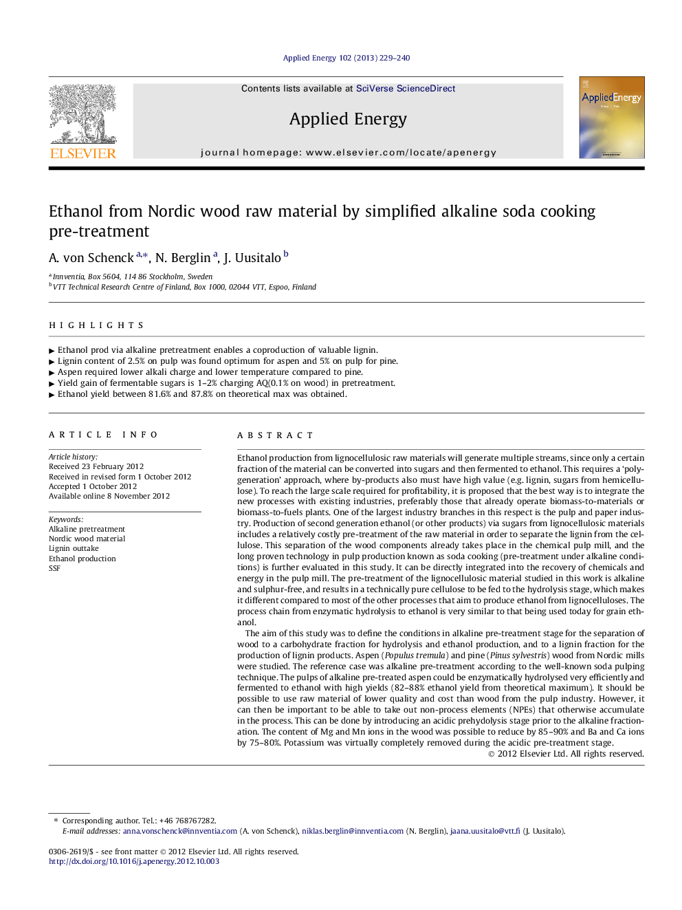 Ethanol from Nordic wood raw material by simplified alkaline soda cooking pre-treatment