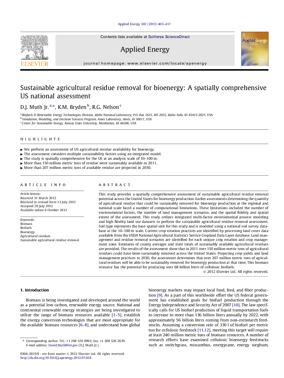 Sustainable agricultural residue removal for bioenergy: A spatially comprehensive US national assessment