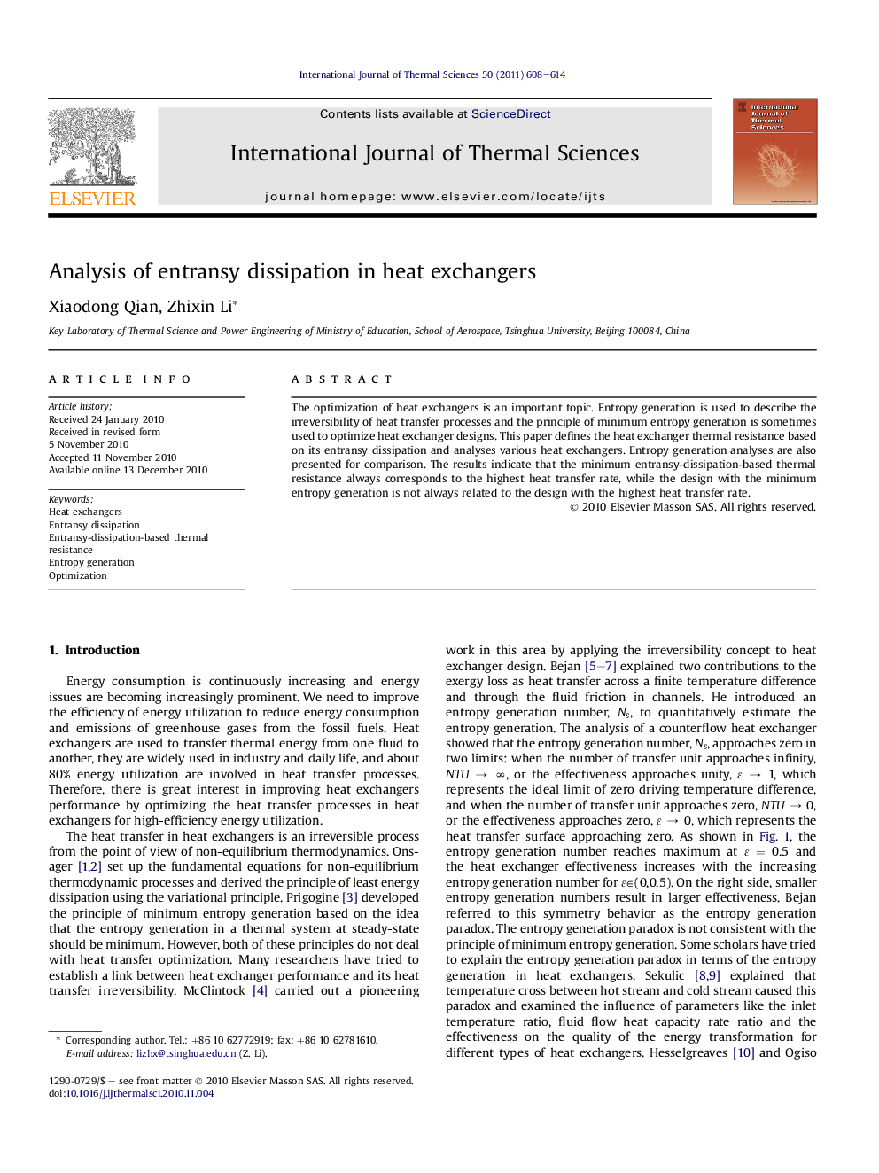 عکس صفحه اول مقاله: Analysis of entransy dissipation in heat exchangers Analysis of entransy dissipation in heat exchangers