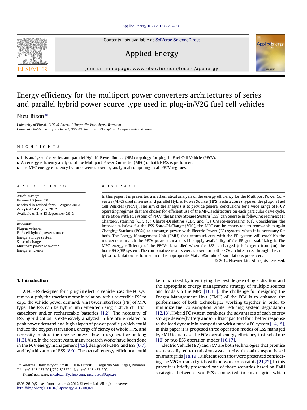 Energy efficiency for the multiport power converters architectures of series and parallel hybrid power source type used in plug-in/V2G fuel cell vehicles