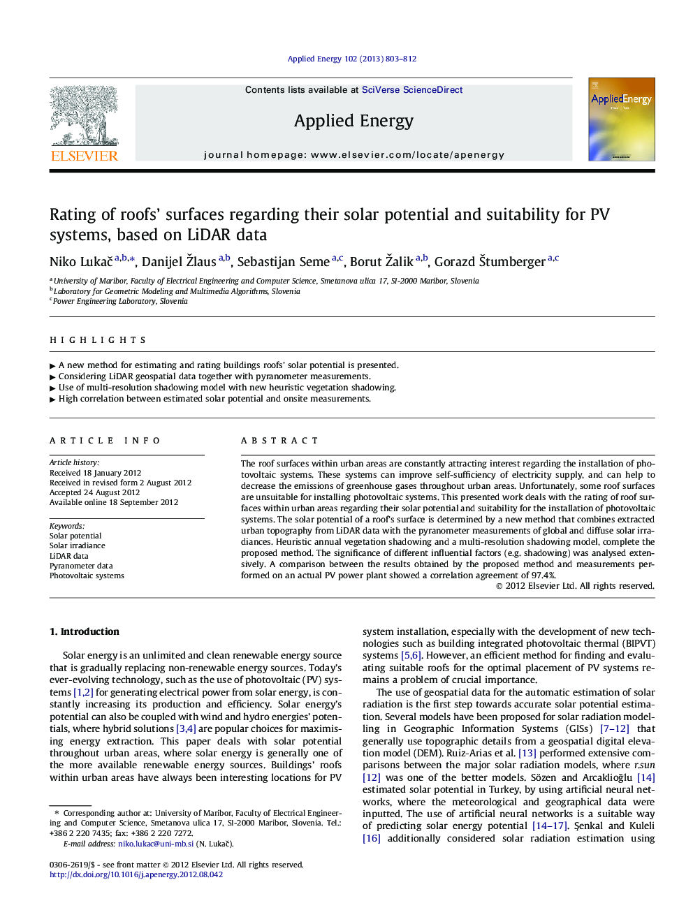 Rating of roofs' surfaces regarding their solar potential and suitability for PV systems, based on LiDAR data