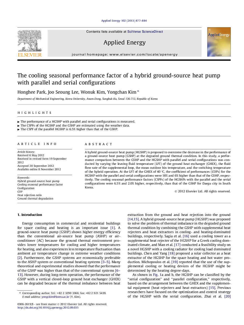 The cooling seasonal performance factor of a hybrid ground-source heat pump with parallel and serial configurations