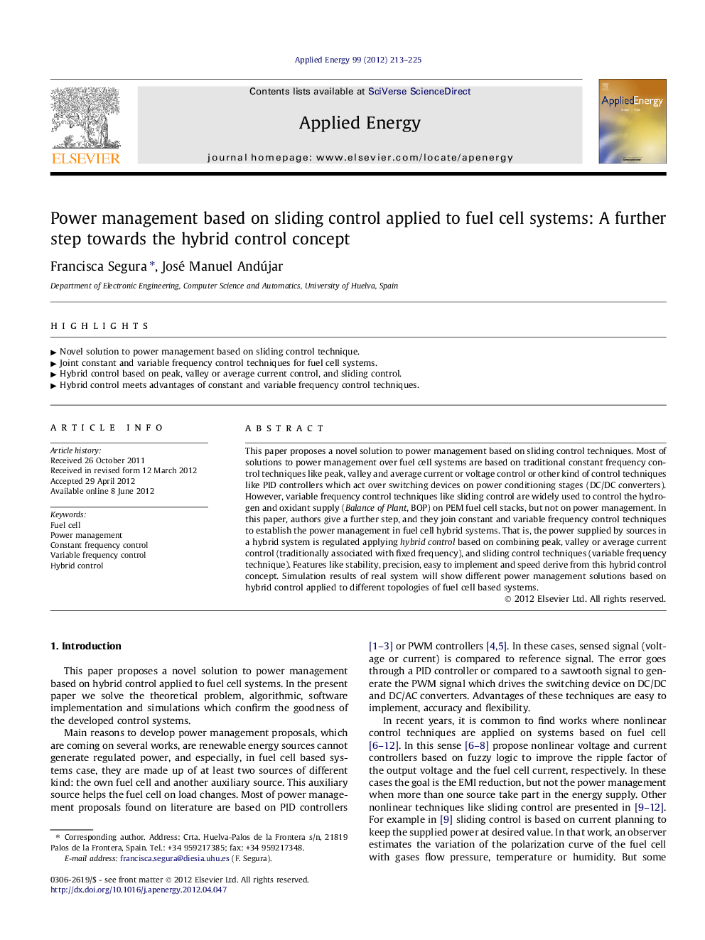 Power management based on sliding control applied to fuel cell systems: A further step towards the hybrid control concept