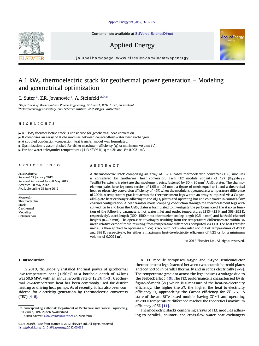 عکس صفحه اول مقاله: A 1Â kWe thermoelectric stack for geothermal power generation - Modeling and geometrical optimization A 1Â kWe thermoelectric stack for geothermal power generation - Modeling and geometrical optimization