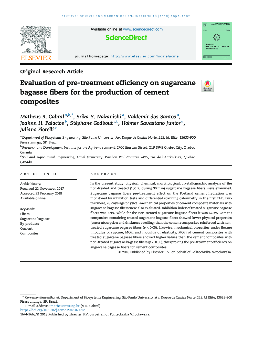 Evaluation of pre-treatment efficiency on sugarcane bagasse fibers for the production of cement composites