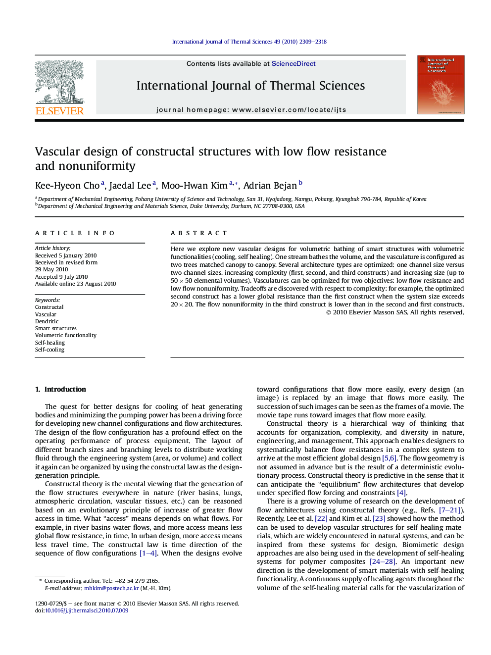 Vascular design of constructal structures with low flow resistance and nonuniformity